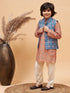 Boy's Orange Printed Kurta And Cream Pyjama Set With Blue Nehru Jacket