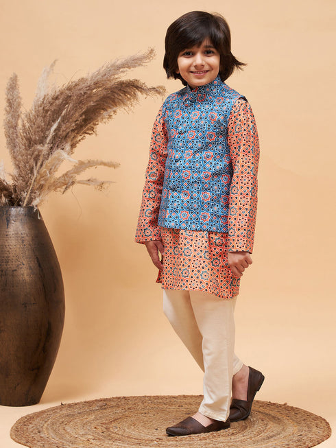 Boy's Orange Printed Kurta And Cream Pyjama Set With Blue Nehru Jacket