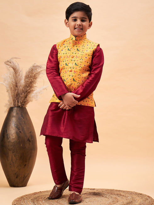 Boy's Yellow Ethnic Printed Jacket With Maroon Kurta And Pyjama Set