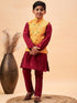 Boy's Yellow Ethnic Printed Jacket With Maroon Kurta And Pyjama Set