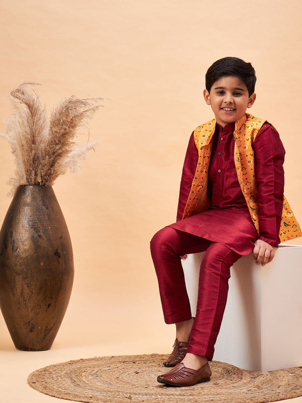 Boy's Yellow Ethnic Printed Jacket With Maroon Kurta And Pyjama Set