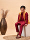 Boy's Yellow Ethnic Printed Jacket With Maroon Kurta And Pyjama Set