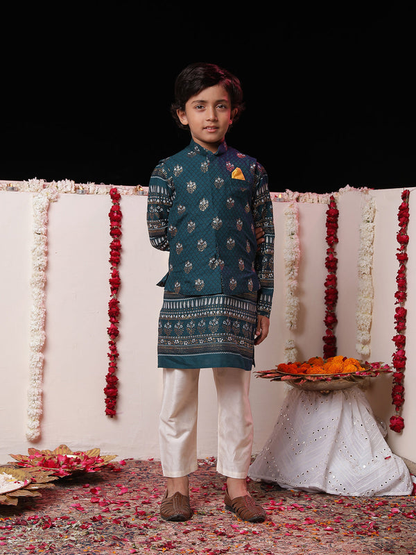 Boy's' Blue Foli Print On Viscose Jacket And Kurta Pyjama Set