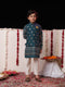 Boy's' Blue Foli Print On Viscose Jacket And Kurta Pyjama Set