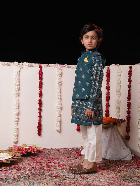 Boy's' Blue Foli Print On Viscose Jacket And Kurta Pyjama Set