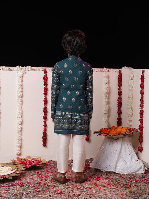 Boy's' Blue Foli Print On Viscose Jacket And Kurta Pyjama Set
