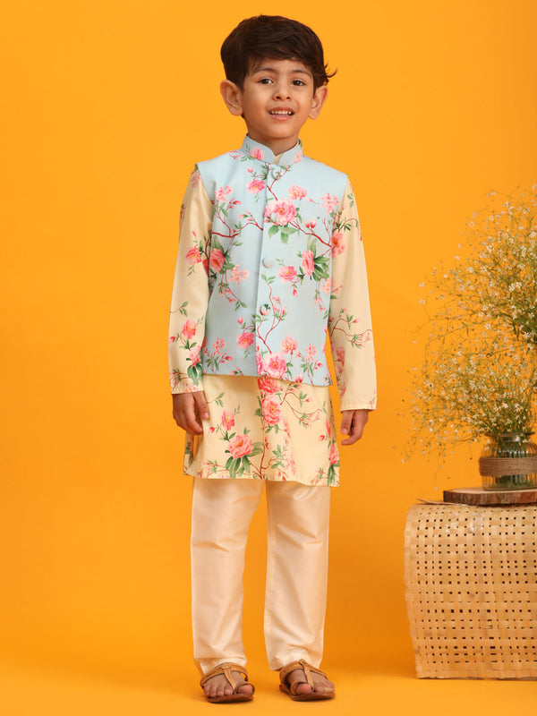 Boy's Aqua Blue Jacket With Yellow Floral Printed Kurta With Cream Solid Pyjama Set