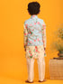 Boy's Aqua Blue Jacket With Yellow Floral Printed Kurta With Cream Solid Pyjama Set