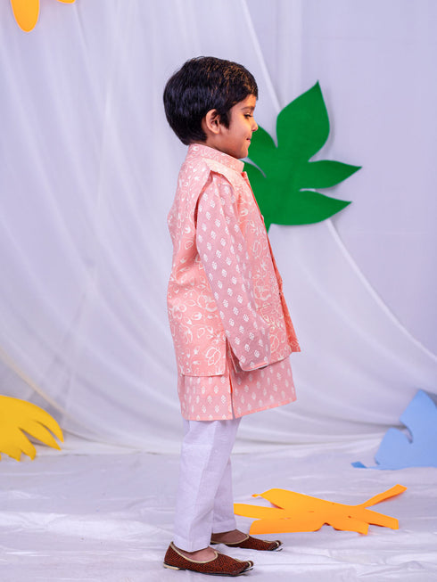 Boy's' Peach And White Jacket, Kurta And Pyjama Set