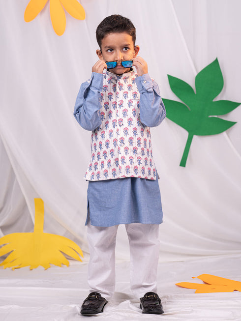 Boy's Beige Printed Jacket With Grey Kurta Pyjama Set