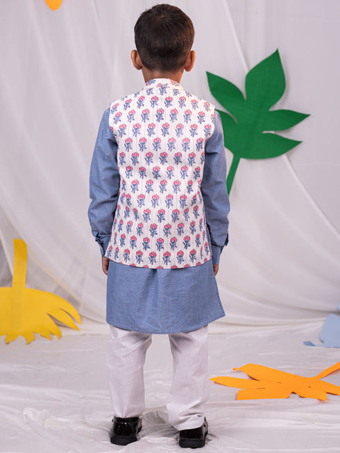 Boy's Beige Printed Jacket With Grey Kurta Pyjama Set