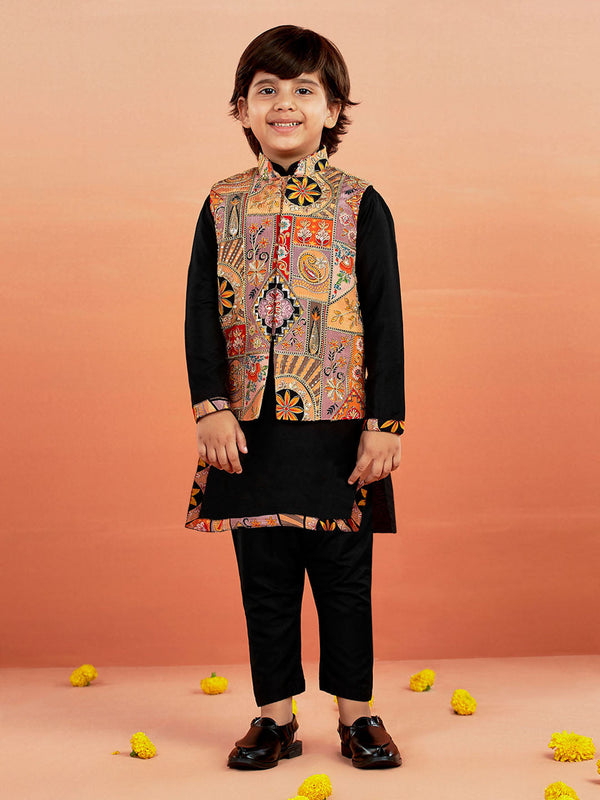 Boy's' Black Jacket,Kurta And Pyjama Set.
