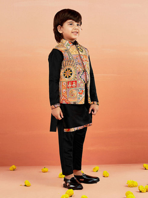 Boy's' Black Jacket,Kurta And Pyjama Set.