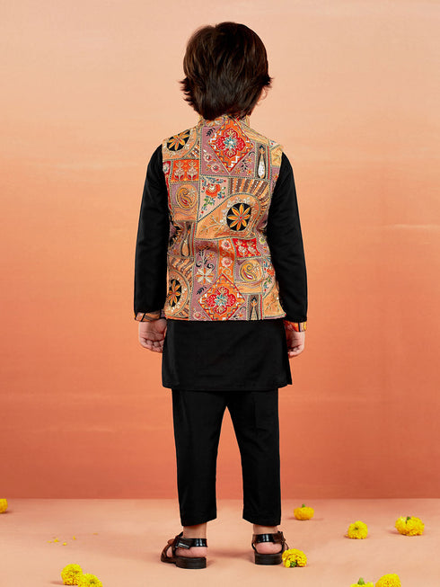 Boy's' Black Jacket,Kurta And Pyjama Set.