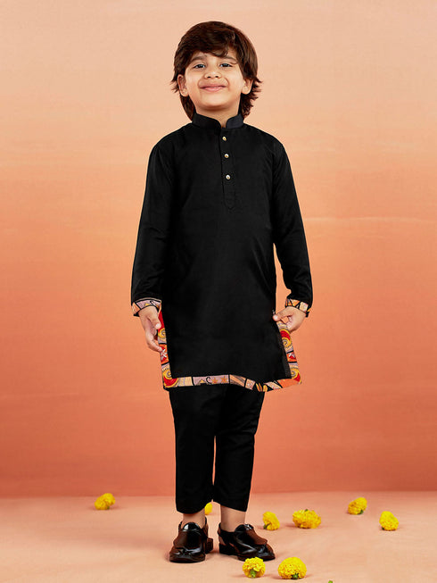Boy's' Black Jacket,Kurta And Pyjama Set.
