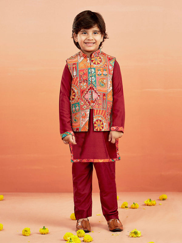 Boy's' Maroon Jacket,Kurta And Pyjama Set.