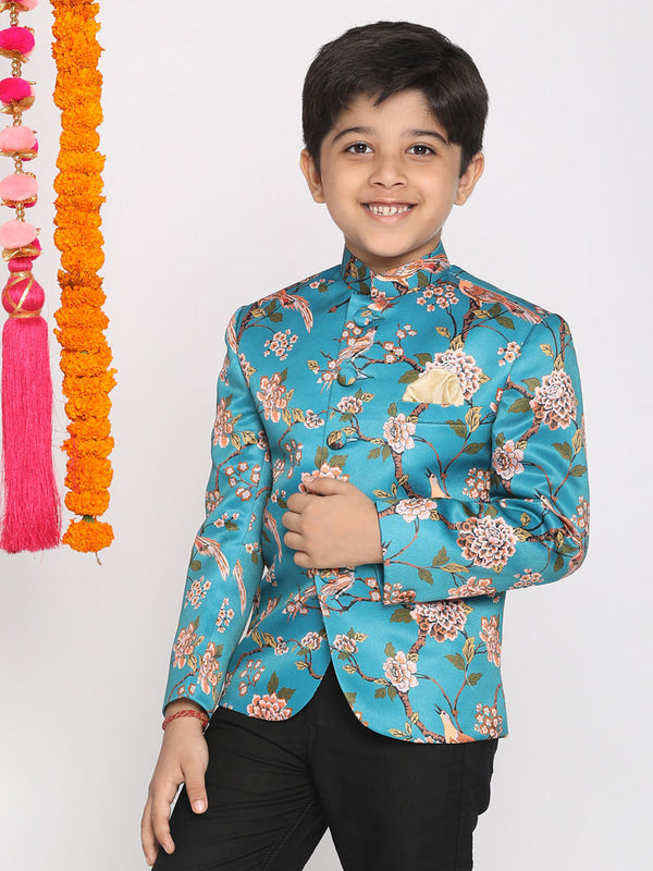 Boy's Turquoise Blue Printed Bandhgala Blazer