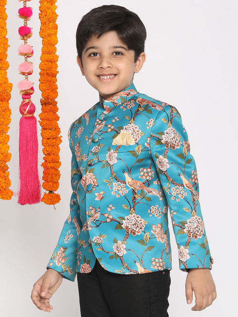 Boy's Turquoise Blue Printed Bandhgala Blazer