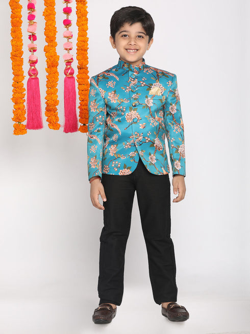 Boy's Turquoise Blue Printed Bandhgala Blazer