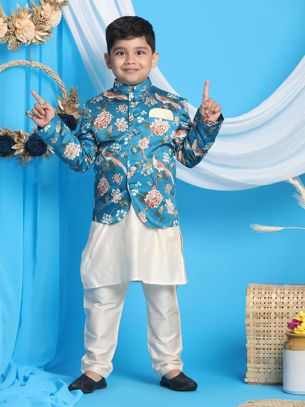Floral Printed Turquoise Blue Bandhgala Prince Coat Jodhpuri With Cream Kurta Pyjama Set