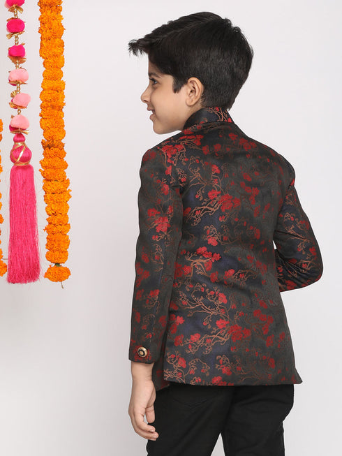 Boy's Maroon Woven Design Silk Blend Bandhgala Blazer