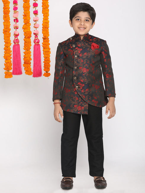 Boy's Maroon Woven Design Silk Blend Bandhgala Blazer