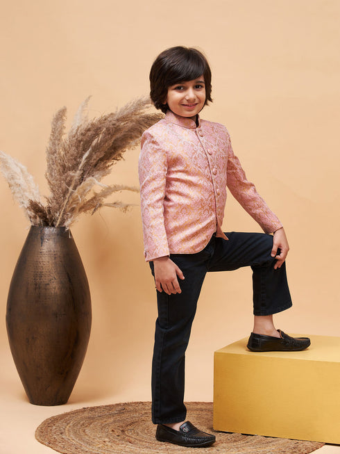 Boy's Pink Silk Blend Woven Jodhpuri