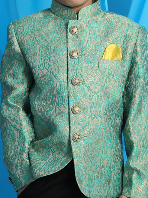 Boy's Green Woven Design Jodhpuri