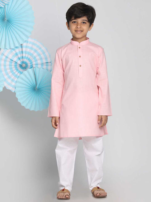 VASTRAMAY Boys Pink And White Kurta Pyjama Set