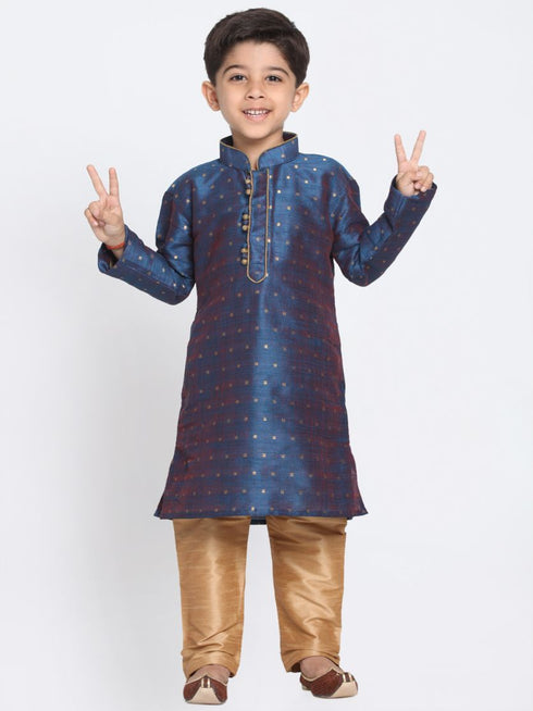Boys' Dark Blue Cotton Silk Blend Kurta and Pyjama Set