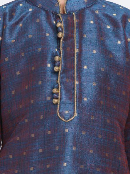 Boys' Dark Blue Cotton Silk Blend Kurta and Pyjama Set