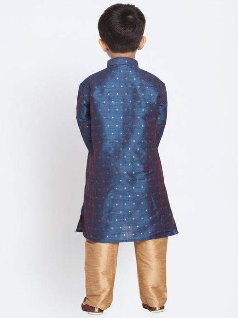 Boys' Dark Blue Cotton Silk Blend Kurta and Pyjama Set