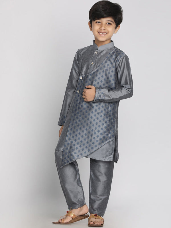 Boy's Grey Layered Asymmetric Kurta With Pyjama