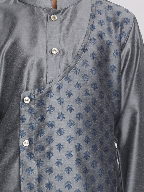 Boy's Grey Layered Asymmetric Kurta With Pyjama