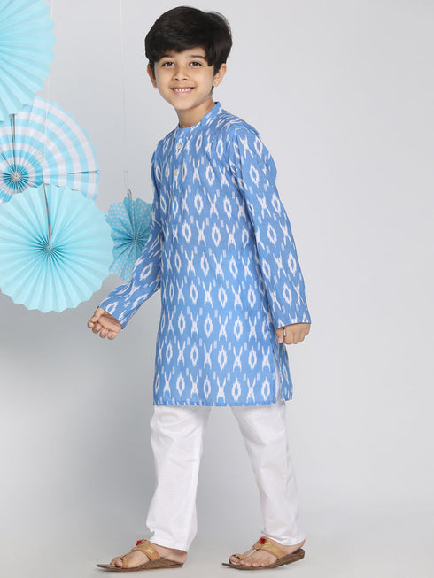 Boy's Traditional Ikkat Print Flat Collar Kurta And Pyjama Set
