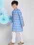 Boy's Traditional Ikkat Print Flat Collar Kurta And Pyjama Set