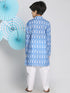 Boy's Traditional Ikkat Print Flat Collar Kurta And Pyjama Set