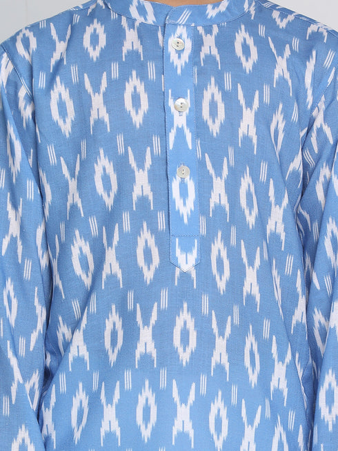 Boy's Traditional Ikkat Print Flat Collar Kurta And Pyjama Set