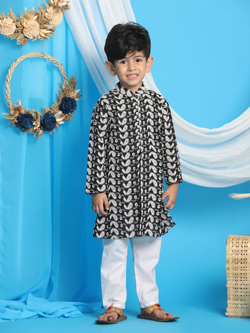 Boy's Black Chikankari Thread Work Kurta And White Pyjama Set
