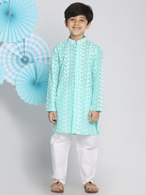 Boy's Green Chikankari Kurta With White Pyjama Set