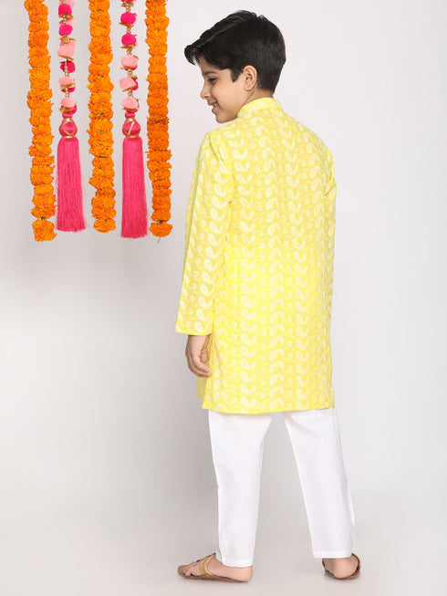 Boy's Mustard And White Kurta Pyjama Set