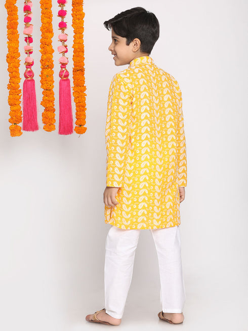 Boy's Orange And White Kurta Pyjama Set
