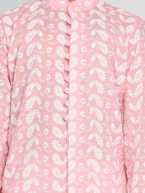 Boys Pink And White Kurta Pyjama Set