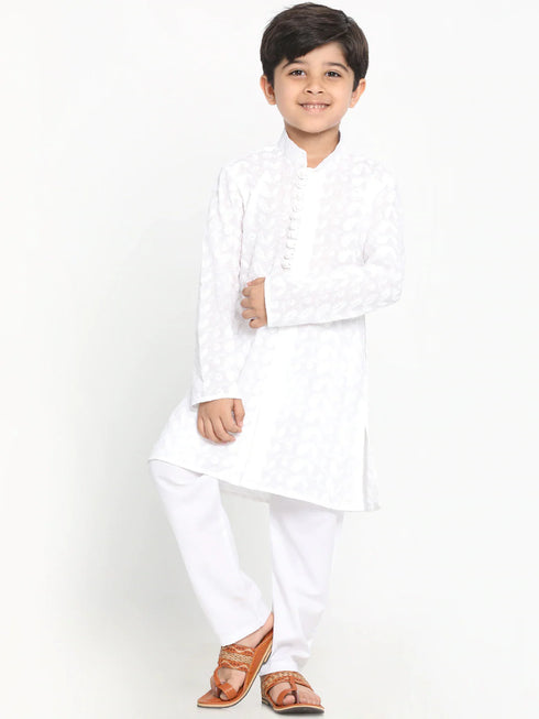 Boy's White Embroidered Kurta With Pyjama Set