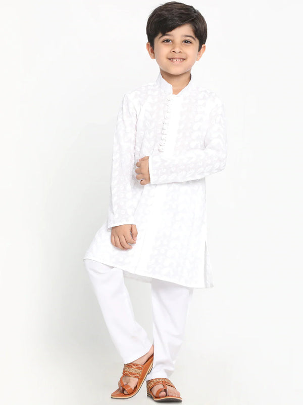 Boy's White Embroidered Kurta With Pyjama Set