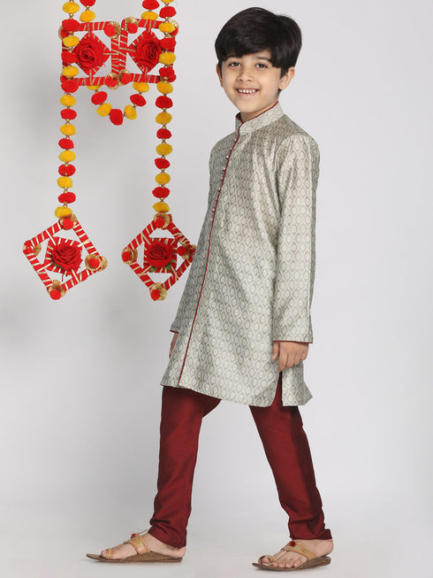 Boy's' Grey And Maroon Jacquard Kurta Pyjama Set