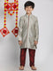 Boy's' Grey And Maroon Jacquard Kurta Pyjama Set