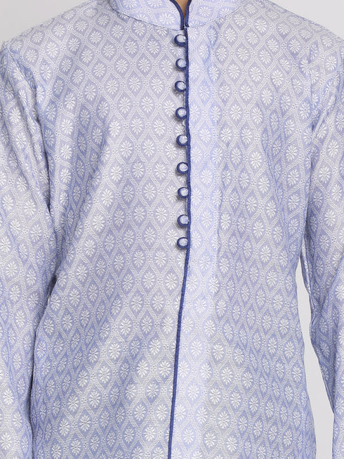 Boy's' Lavender And Navy Blue Jacquard Kurta Pyjama Set