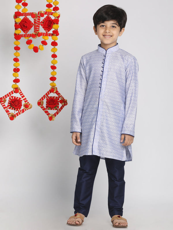 Boy's' Lavender And Navy Blue Jacquard Kurta Pyjama Set