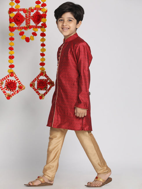 Boy's' Maroon And Rose Gold Jacquard Kurta Pyjama Set